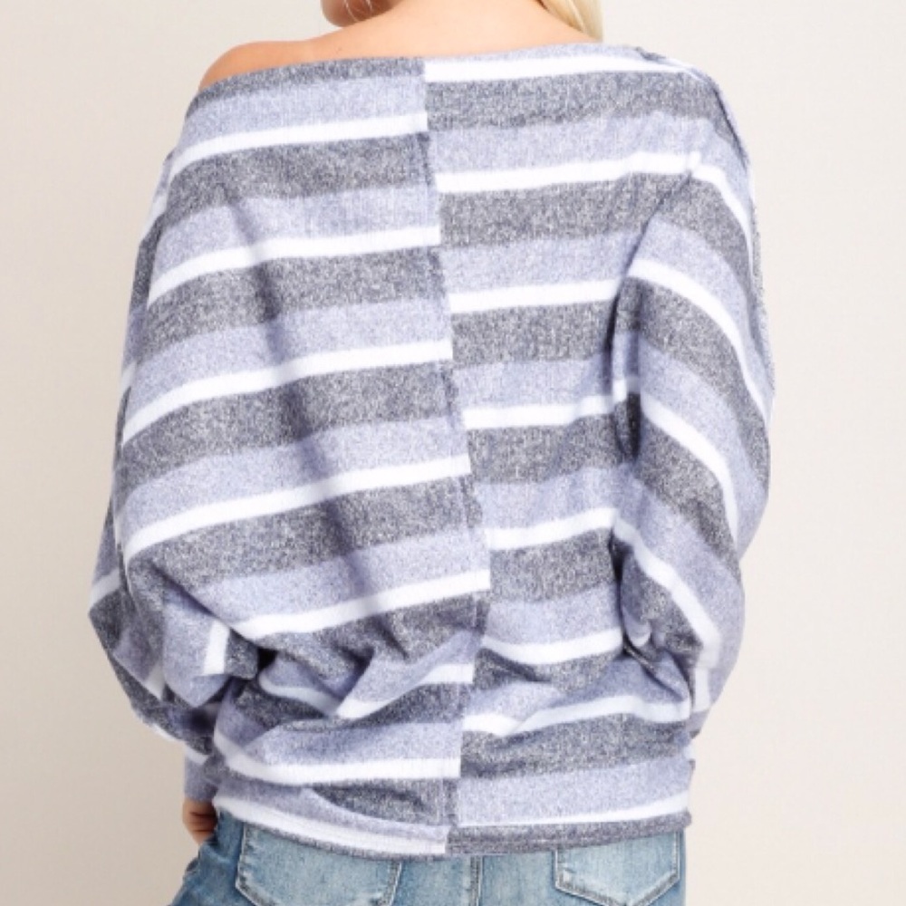 Brushed Boat Neck Dolman Sleeve Blue Stripe Top! - Picture 6 of 16